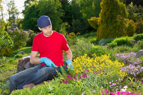 A person wearing a navy blue beanie, red T-shirt, and blue gardening gloves is kneeling in a lush garden to the right of the image. They are surrounded by a variety of flowering plants and shrubs, including yellow, pink, and purple blooms, all well-maintained and densely packed. The garden features a neatly trimmed hedge in the background, alongside a mix of deciduous and evergreen trees, creating a natural backdrop of green tones. The ground displays a combination of soil beds and small paving stones, with a lush green lawn extending into the distance. Sunlight illuminates the scene, suggesting a bright, pleasant day, with the environment indicating a thoughtfully landscaped outdoor space typical of residential gardens in the Elephant and Castle area. This setting highlights professional garden maintenance and landscaping, aligning with services offered by Gardening Services Elephant and Castle, focused on enhancing outdoor environments in London communities.